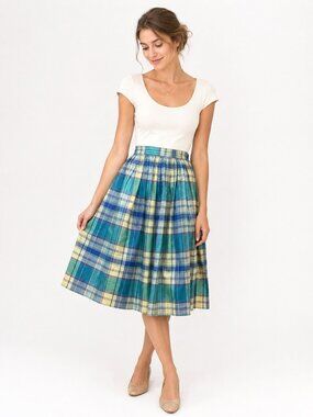 70s Plaid Pleated Cotton Skirt | Teal Blue Yellow Lavender Madras | XXS/XS